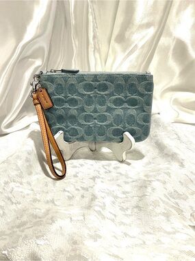 Coach Denim Wristlet with Tan Leather Strap CJ874